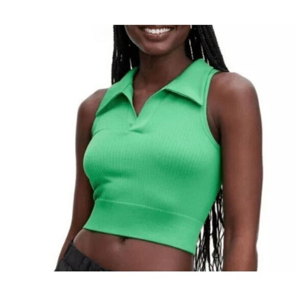 Diane von Furstenberg Ribbed Collared Crop Top Kelly Green - Picture 1 of 8